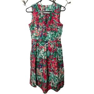 Talbots Petites 8P Watercolor Floral A-Line Tank Dress Green Pink Sleeveless